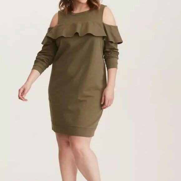 NWT Torrid Ruffled Knit Sweatshirt Dress in Olive Green - Picture 1 of 6
